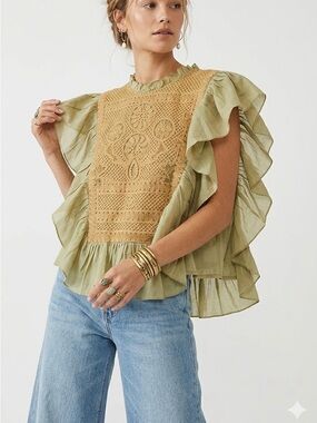 JOIE Boho Luxe Embroidered Lace Bib Blouse Ruffle Flutter Sleeve Canteen Green M